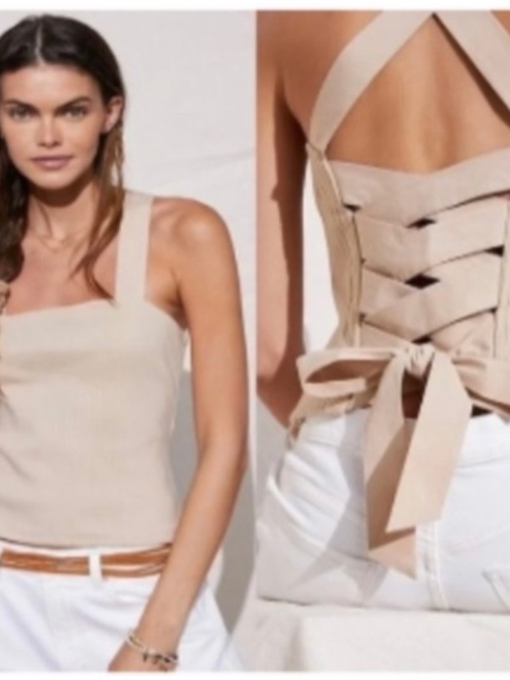 Anthropologie WHITE Porridge Ribbed Tie Back Criss Cross Tank Top